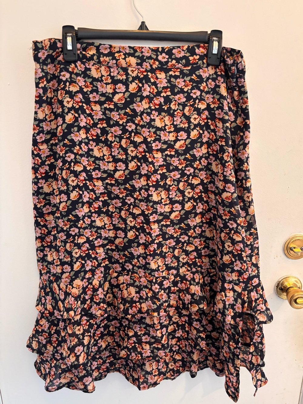 Black Midi Skirt with Pink & Peach Floral Print
